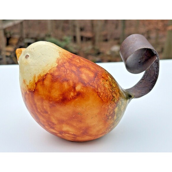 Folk Art Clay Art Pottery Bird Figure w/ Wrought Iron Tail Handcrafted Mexico - Picture 3 of 14